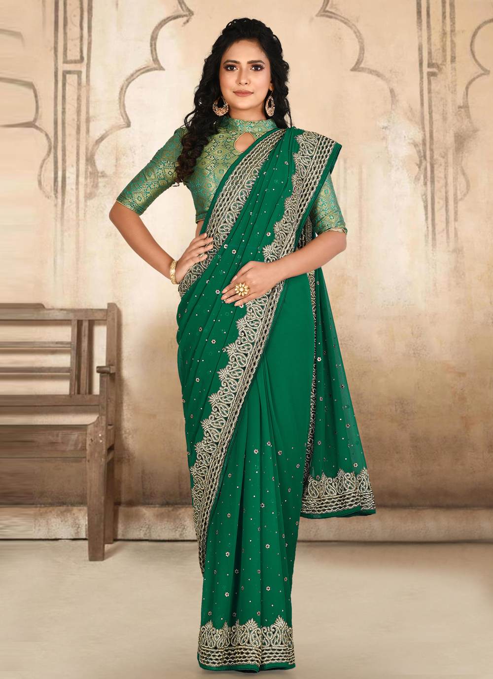 Buy Green Handwork Classic Designer Saree : 180425