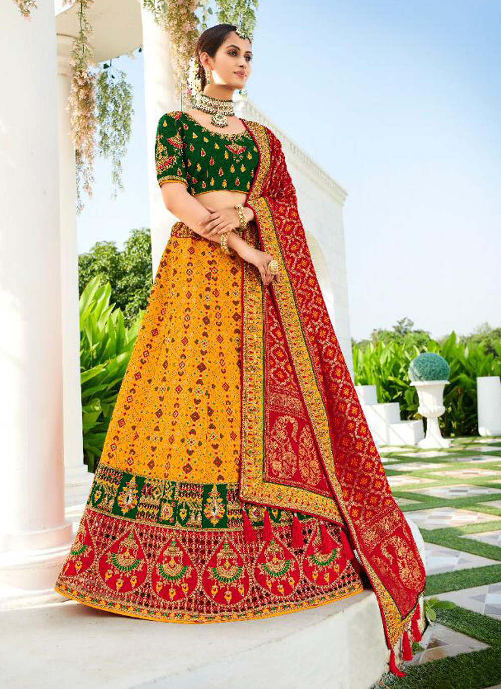 Buy Green Red Pure Silk Wedding Wear Digital Printed Lehenga Choli Online  From Wholesale Salwar.