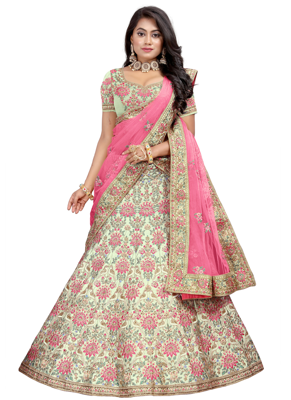 Green Satin Lehenga Choli buy online - Lehenga Choli