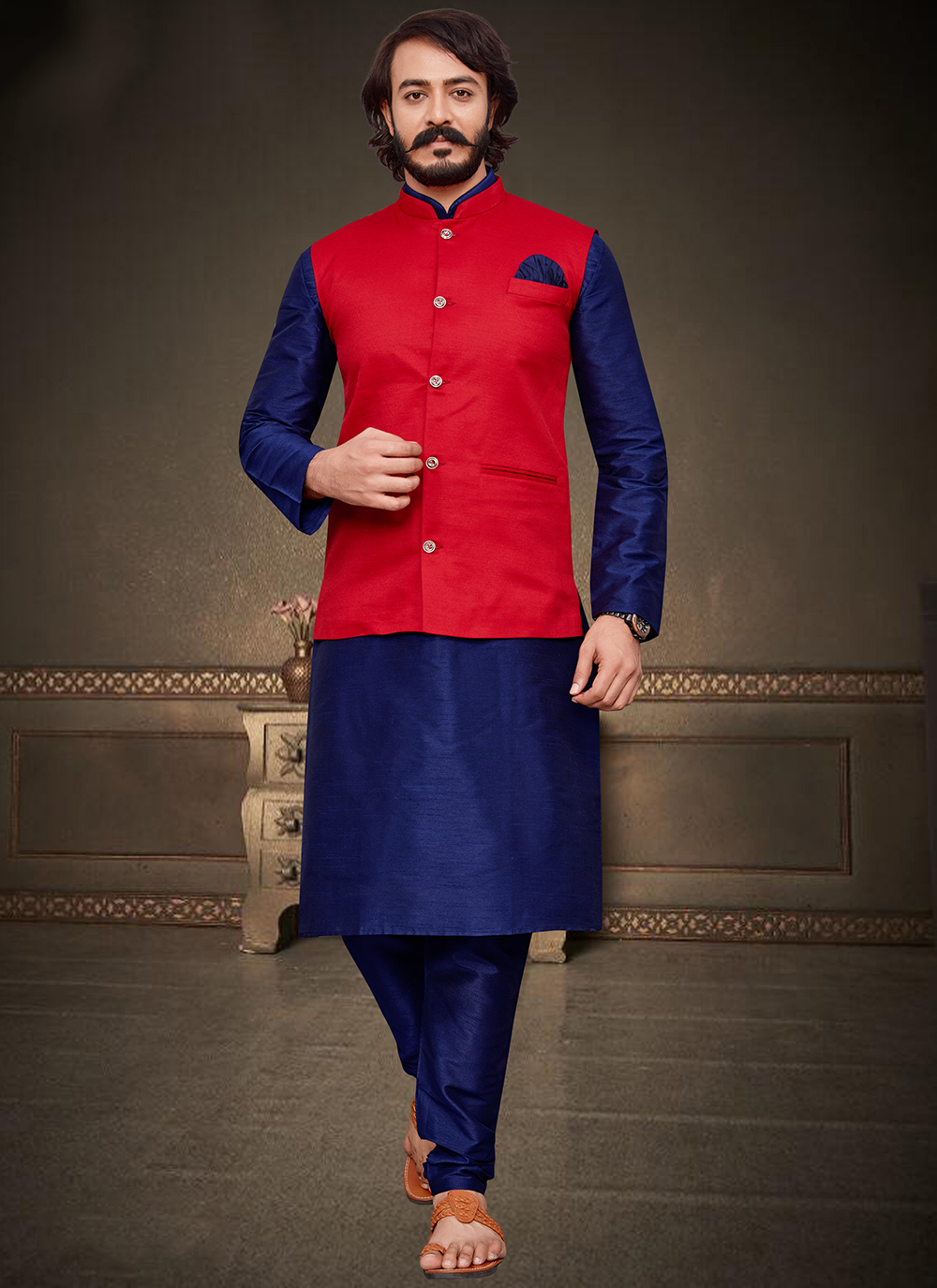 Buy Jute Silk Kurta Payjama With Jacket in Blue and Maroon Online