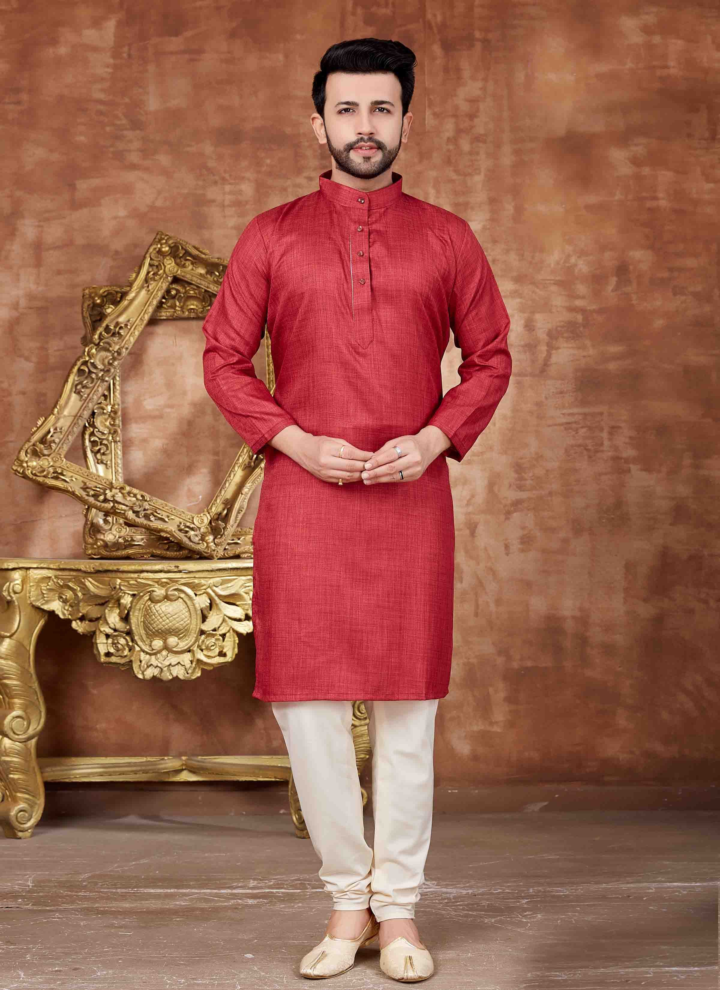Khadi Plain Kurta Pyjama in Red buy online