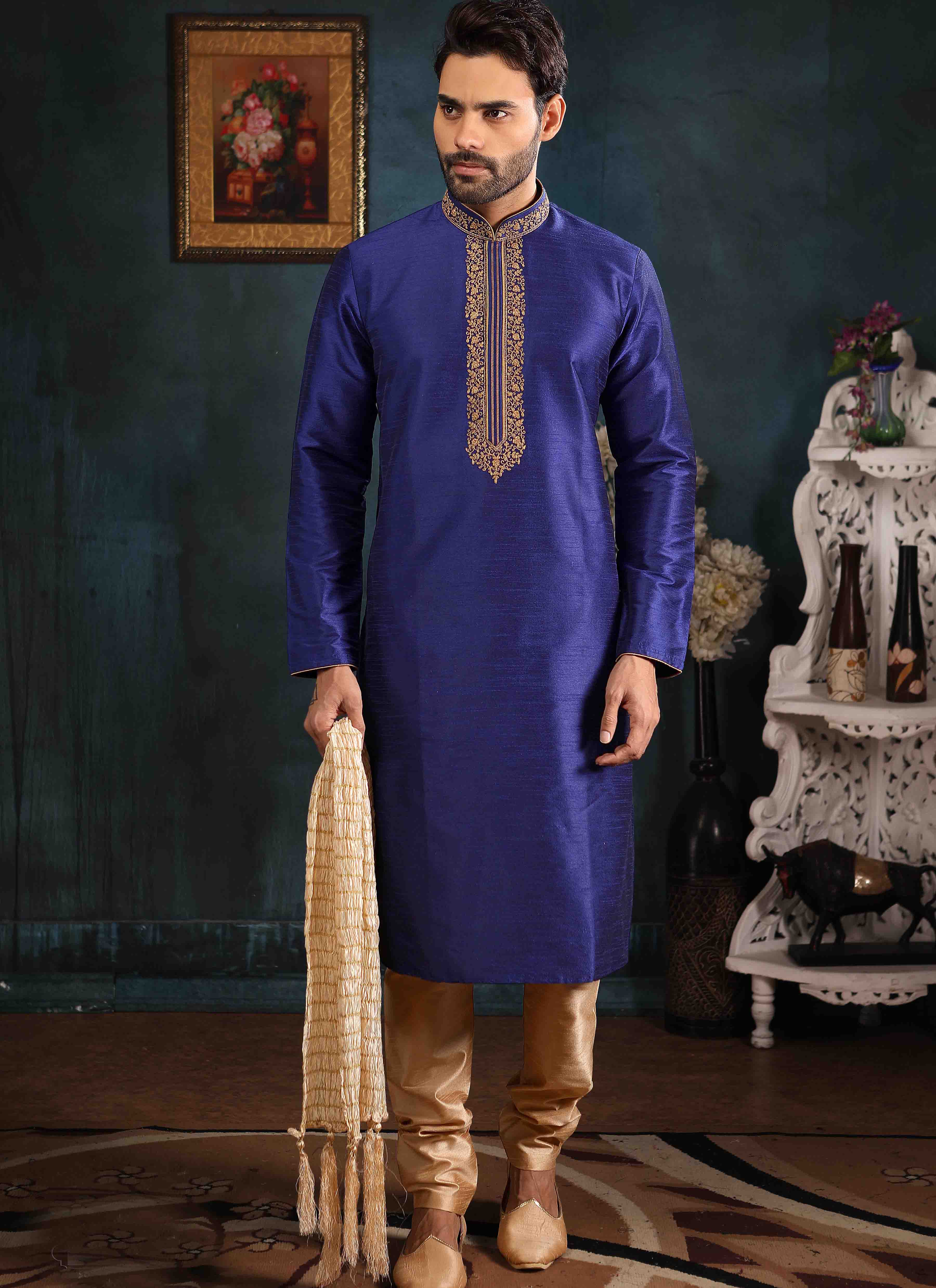 Kurta Pyjama Embroidered Art Banarasi Silk in Blue buy online