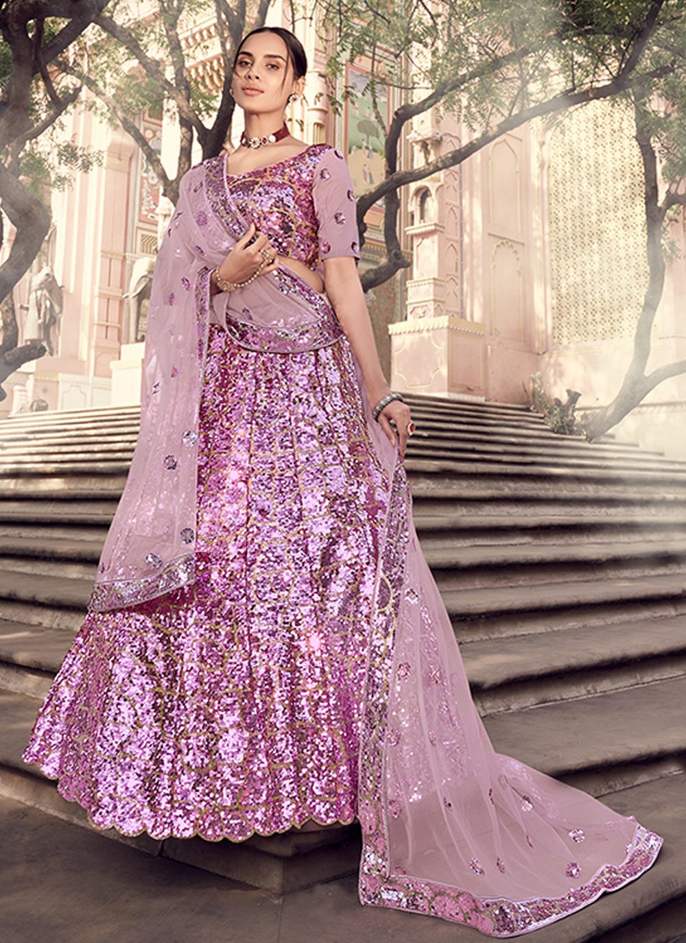 lavender net lehenga