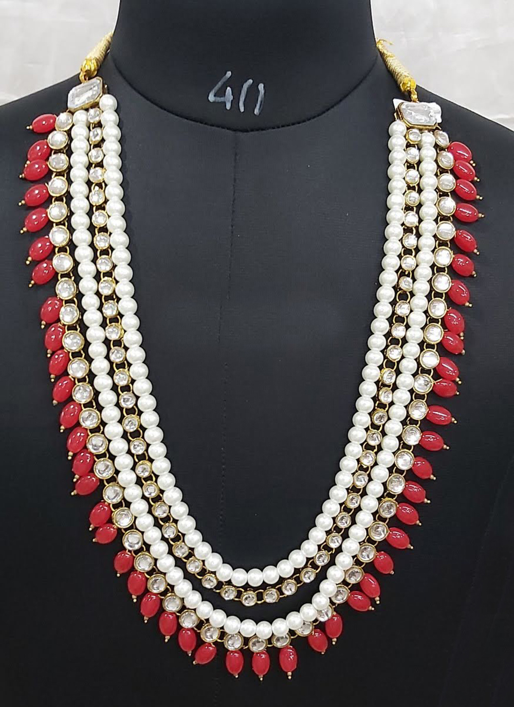 Buy Moti Necklace Set in Off White and Red : 189817