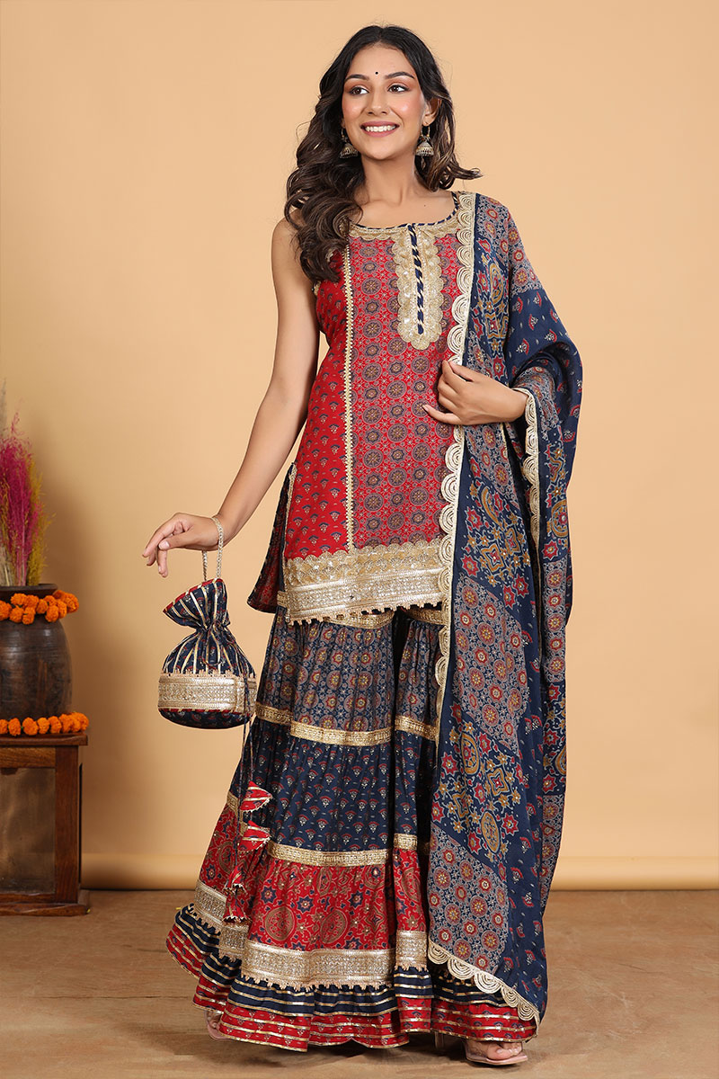Sharara Navy Blue And Red Combination Dress Buy Muslin Gota Work Maroon And Navy Blue Sharara