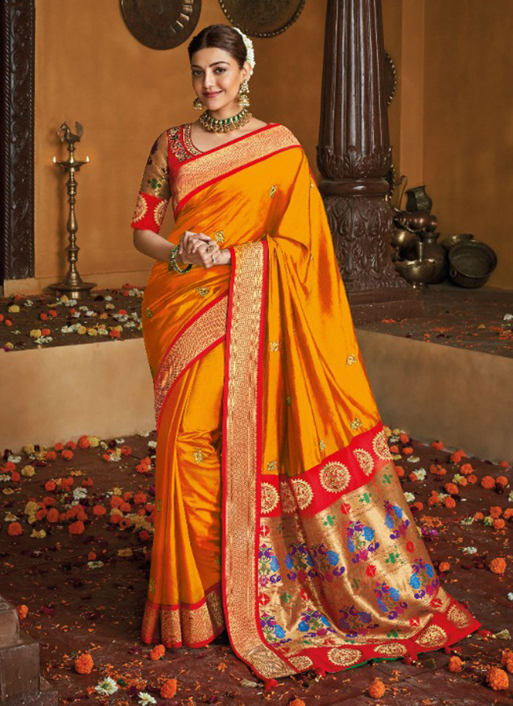 Buy Mustard Mehndi Silk Traditional Saree 196567