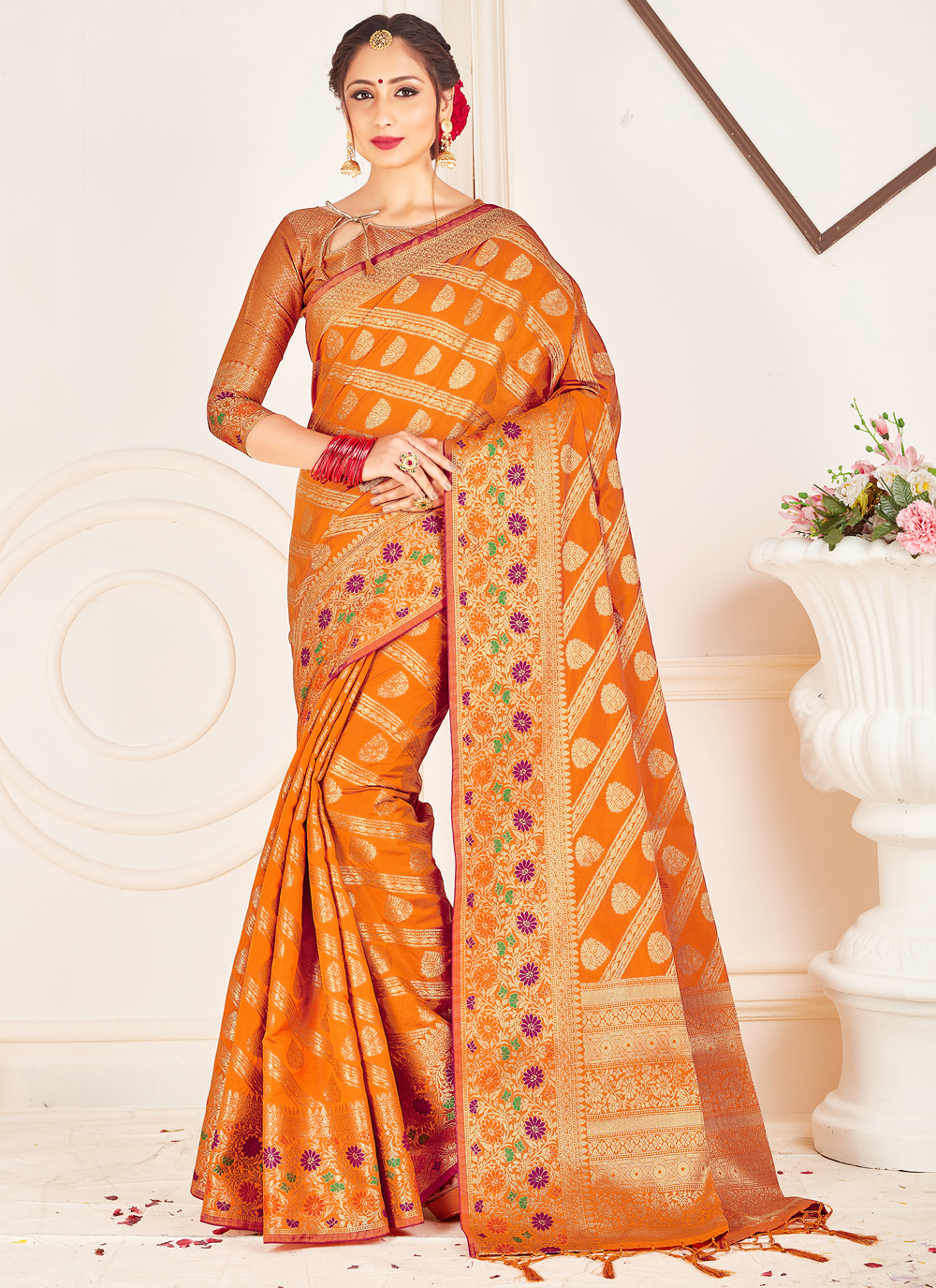 Traditional Look Orange Color Art Silk Fabric Weaving Work Kasta
