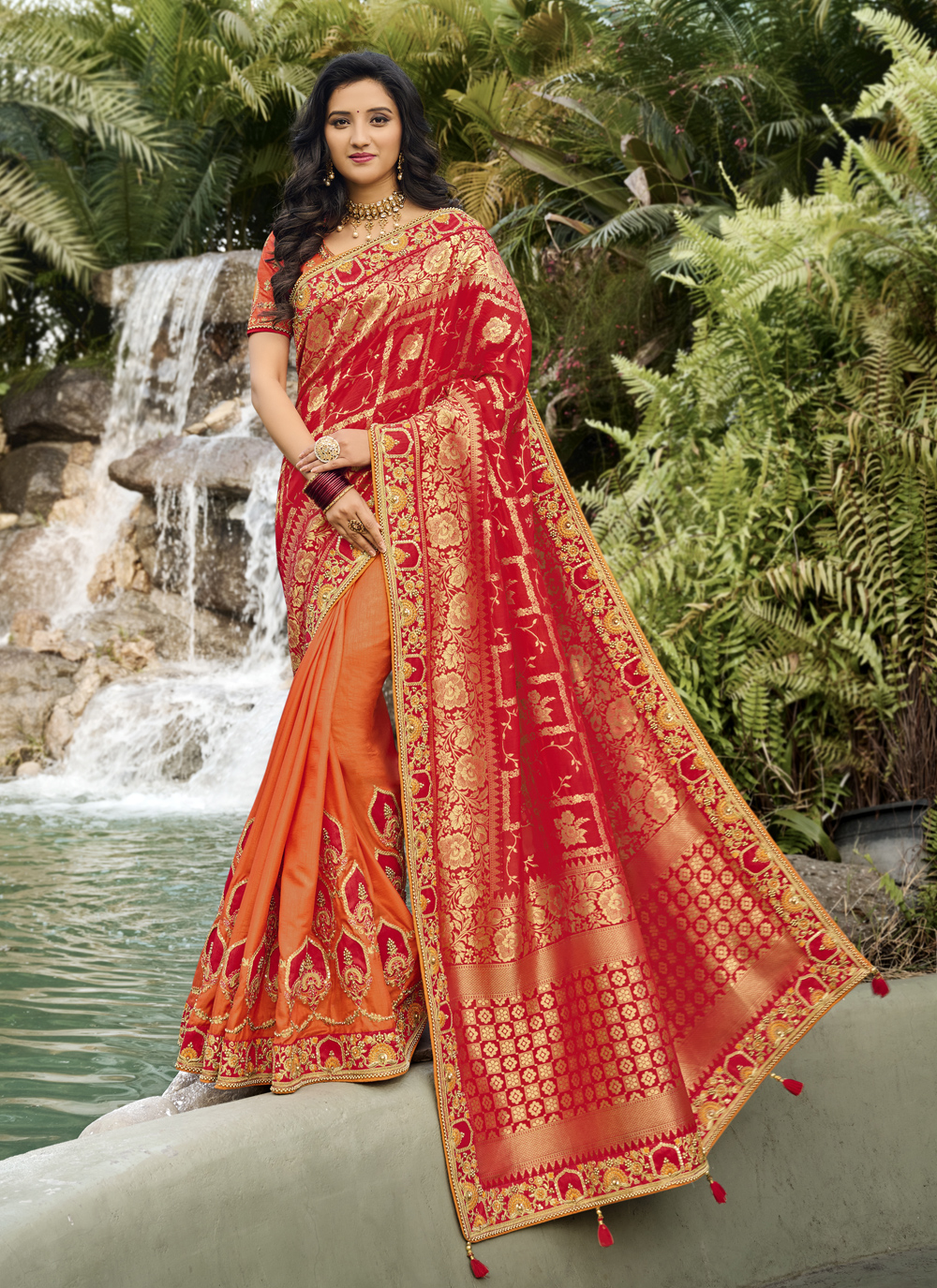 Orange and Red Banarasi Silk Sangeet Designer Half N Half Saree buy ...