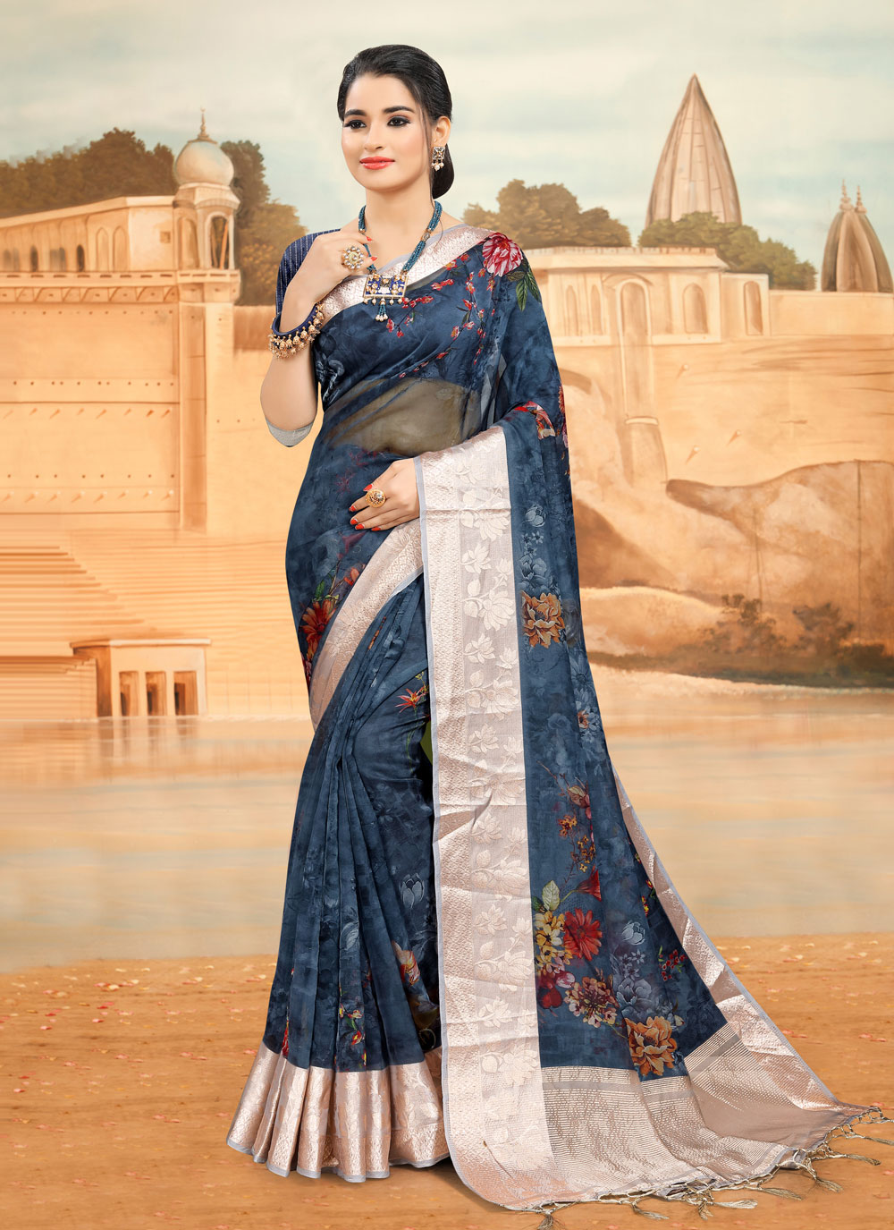 Buy Online Organza Blue Printed Saree 185237 Saree