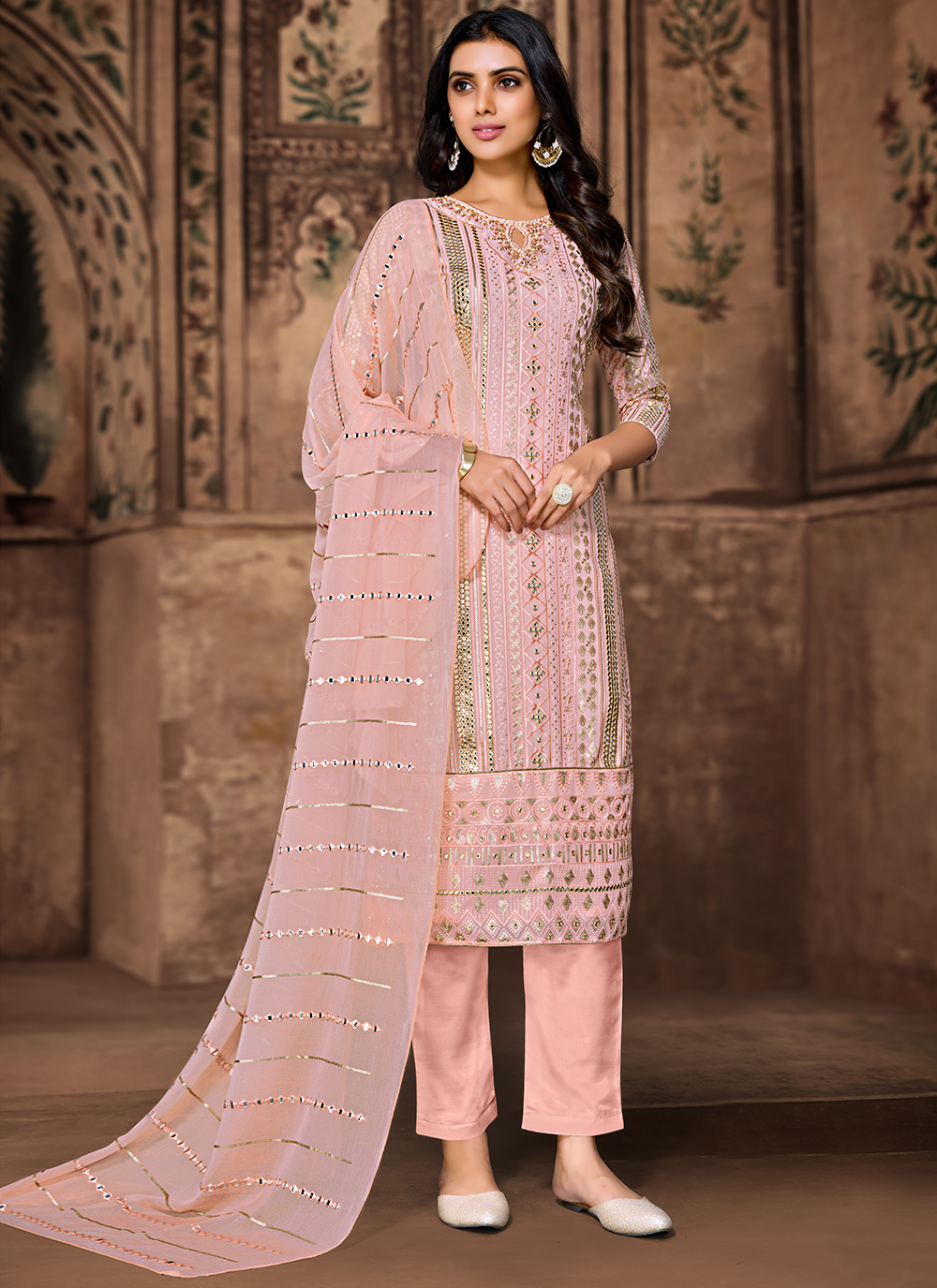 Peach Embroidered Pant Style Suit