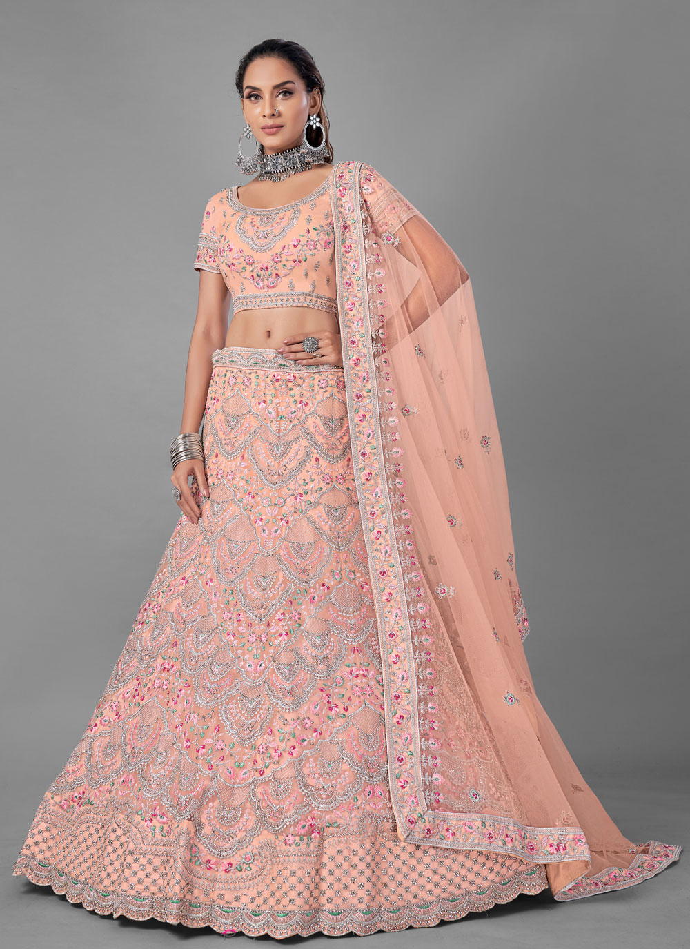 striking cotton and net peach wedding designer lehenga choli