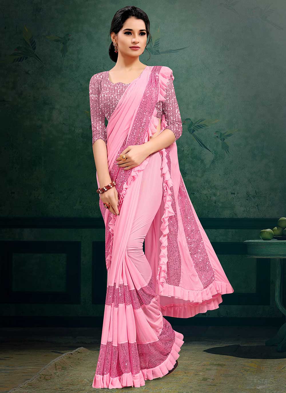 Shop Online Pink Sequins Lycra Classic Saree : 194288