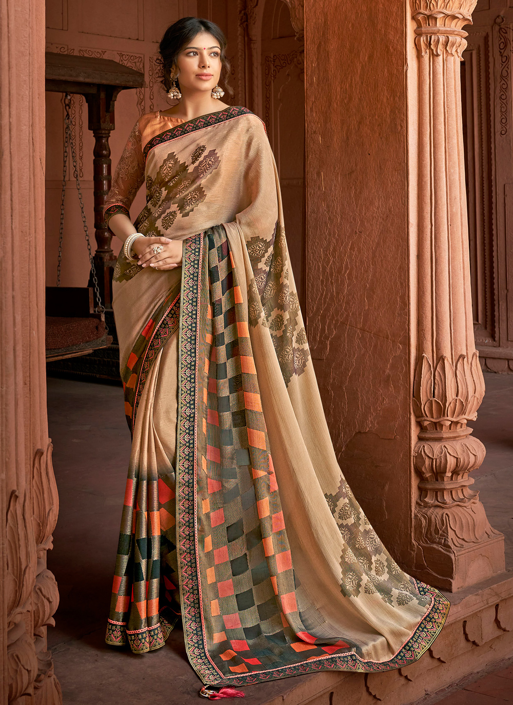 Buy Printed Saree Floral Print Silk in Beige : 172792 - Party Wear Sarees