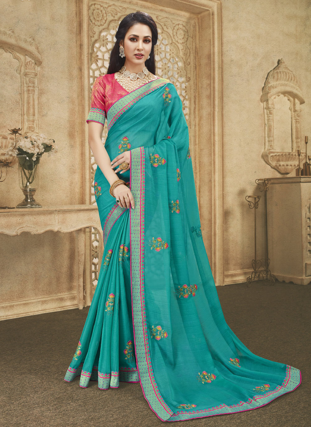 Buy Rama Embroidered Festival Designer Saree Online