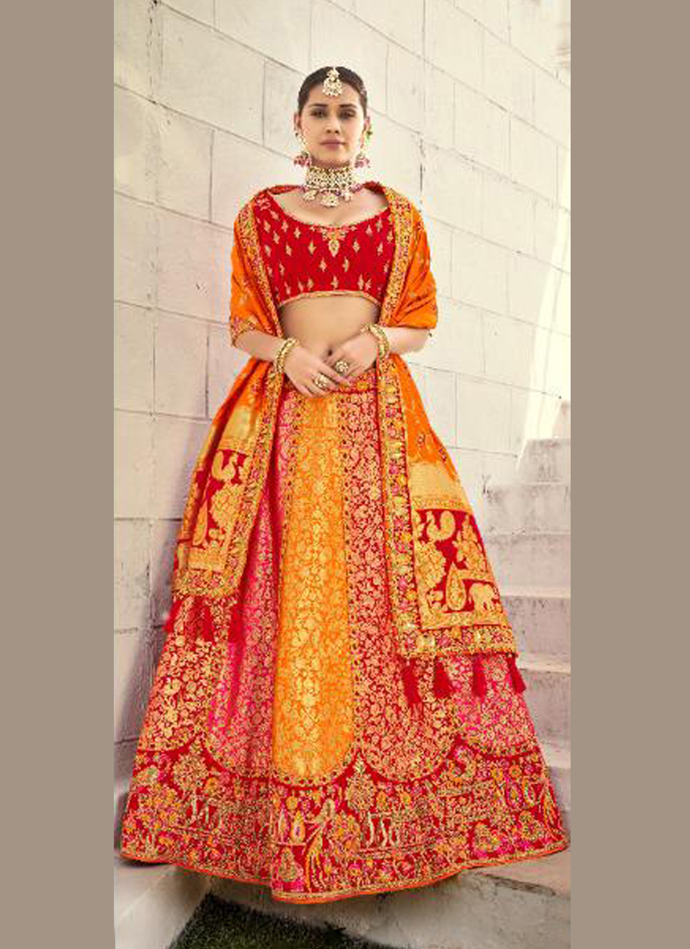 Red- Yellow Color Party Wear Silk Thread Work Lehenga Choli – fashionnaari