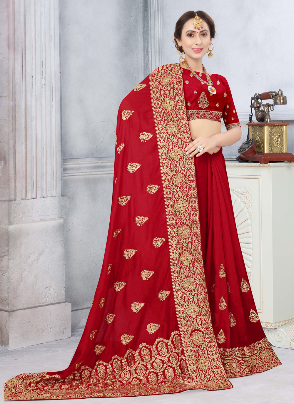 Red Sequined Border Party Wear Saree