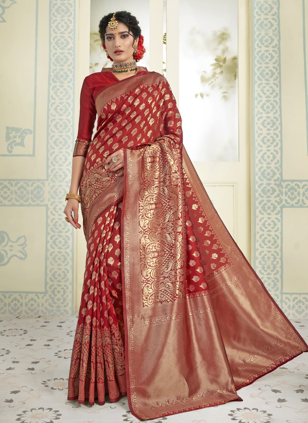 Red Weaving Art Silk Traditional Saree buy online