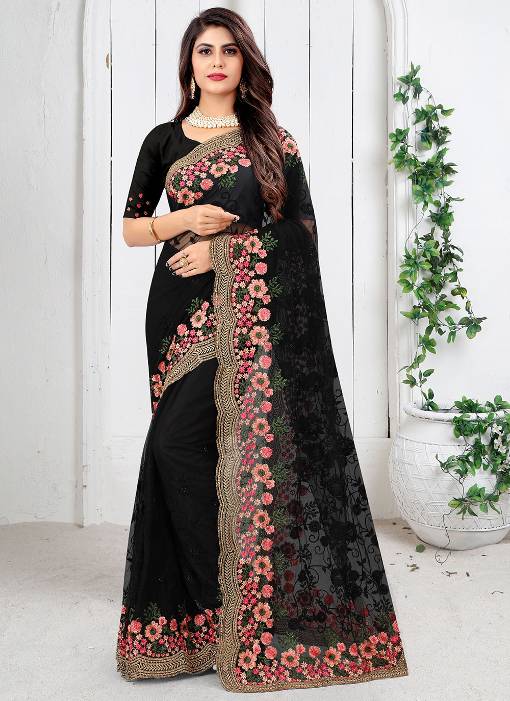 Black Net Saree with Resham, Stone, and Thread Work Blouse