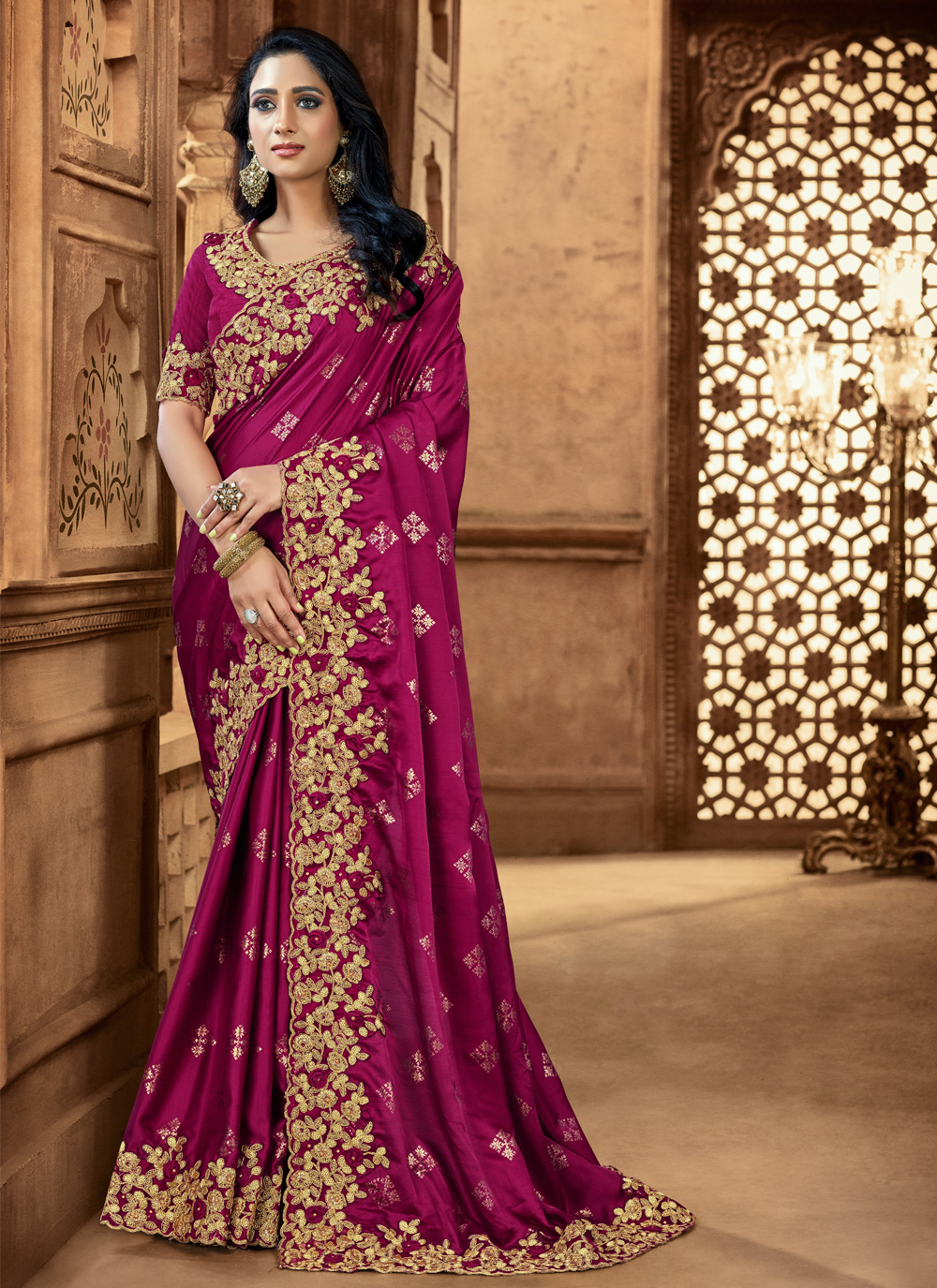 Speechless Magenta Pink Color With Green Touch Silk Designer Wedding Wear  Saree