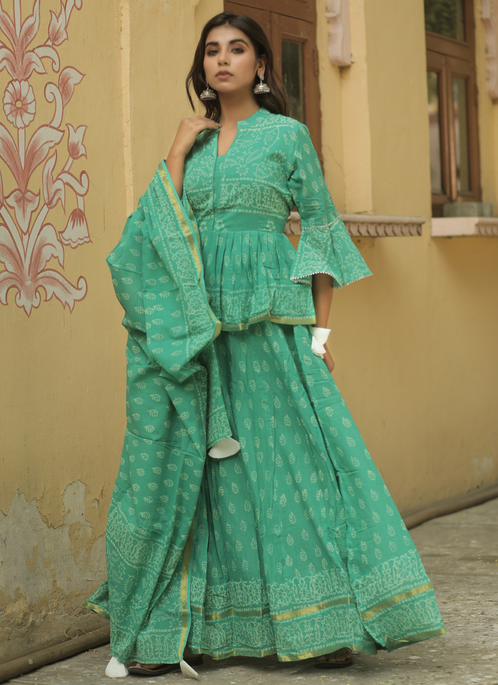 Shop Online Sea Green Cotton Ceremonial Lehenga Choli : 171586