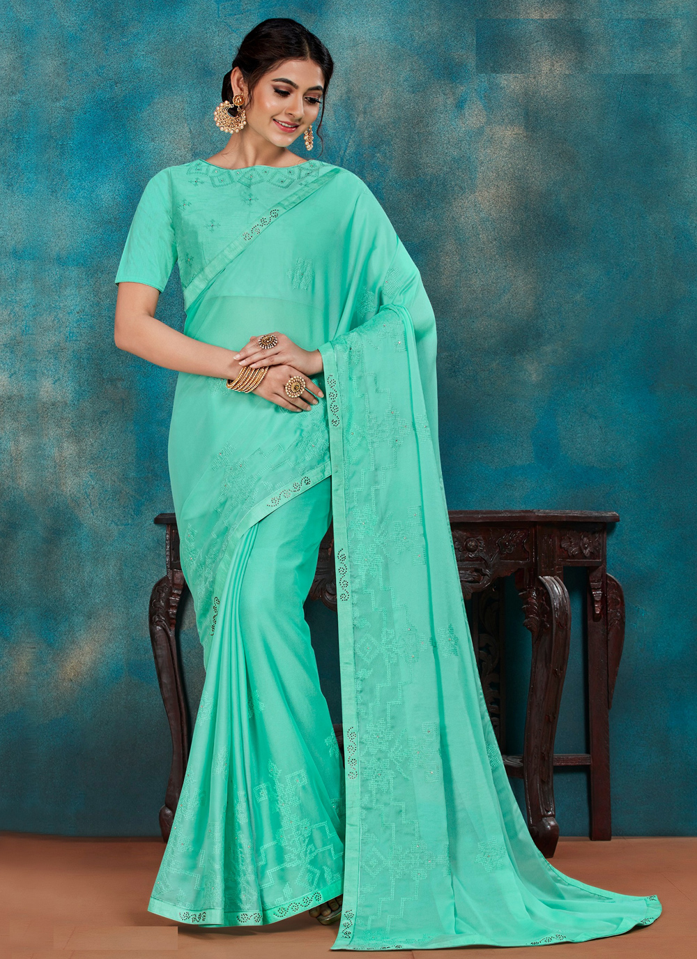 Shop Online Sea Green Embroidered Poly Silk Traditional Saree 172171