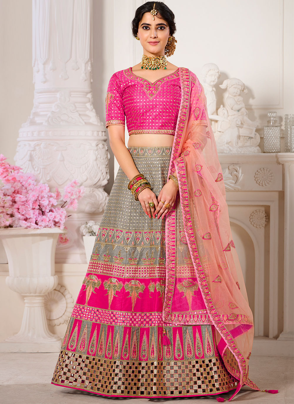 Grey to Pink Patterned Ombre Lehenga Set with Hand-Embroidered Blouse -  Seasons India