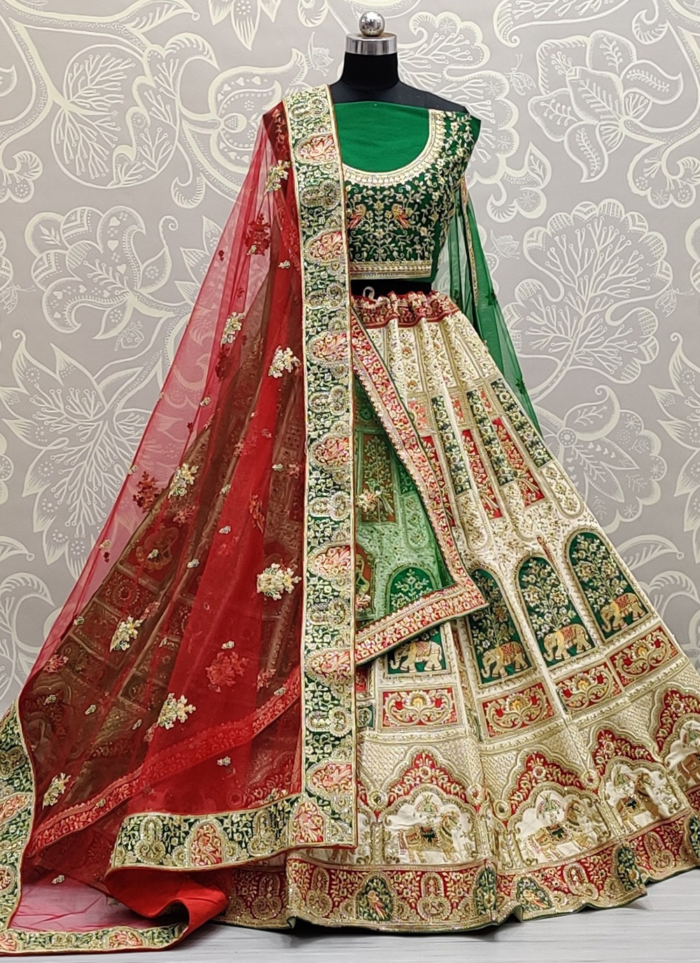 White And Red Combination Lehenga Choli with Maslin Silk Dup
