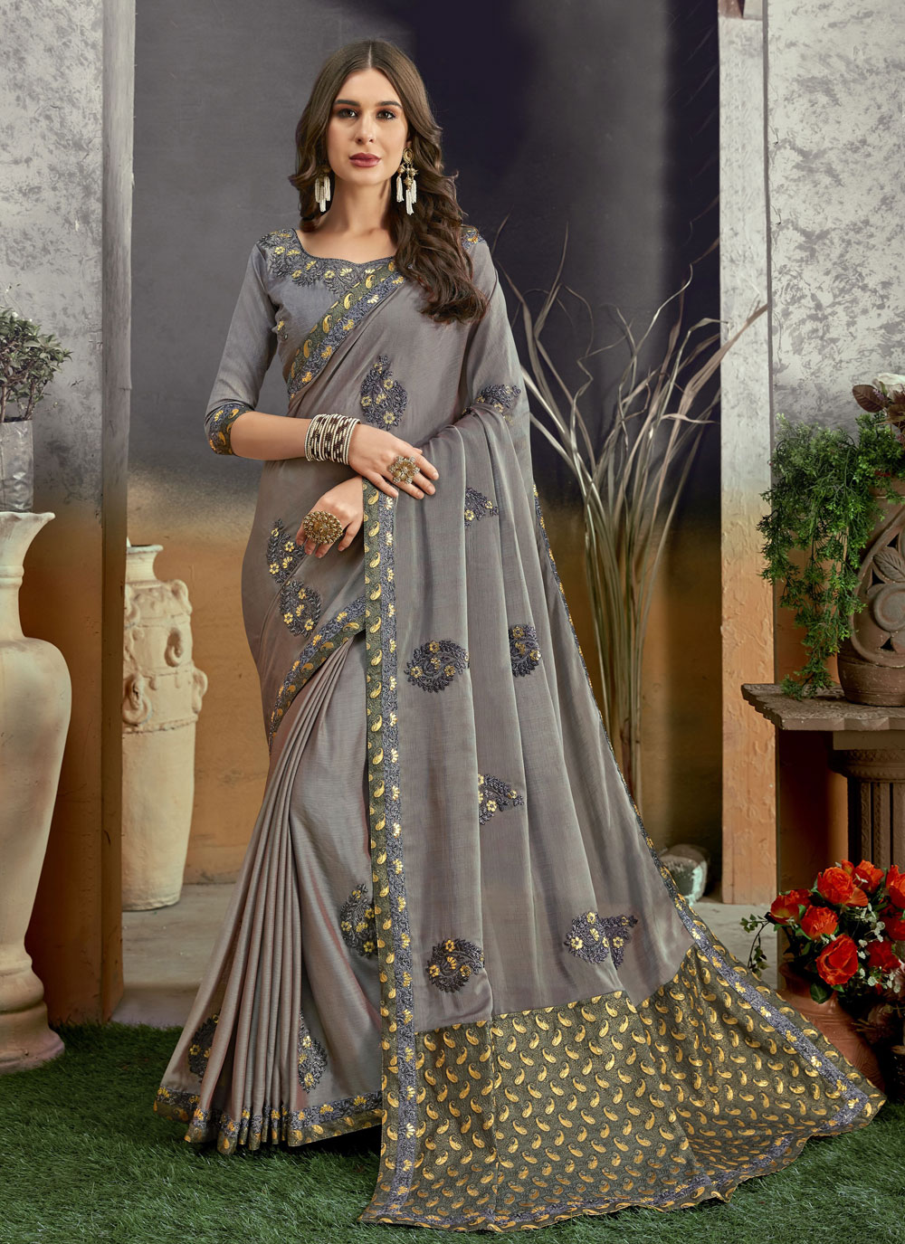 Buy Online Silk Grey Trendy Saree 184724   Silk Grey Trendy Saree 184724 