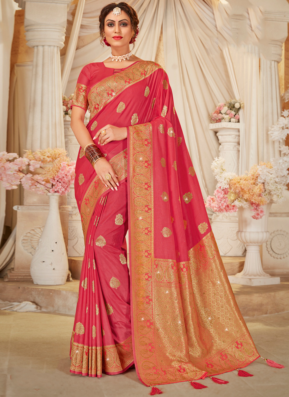 Buy Swarovski Silk Designer Traditional Saree in Pink : 197142