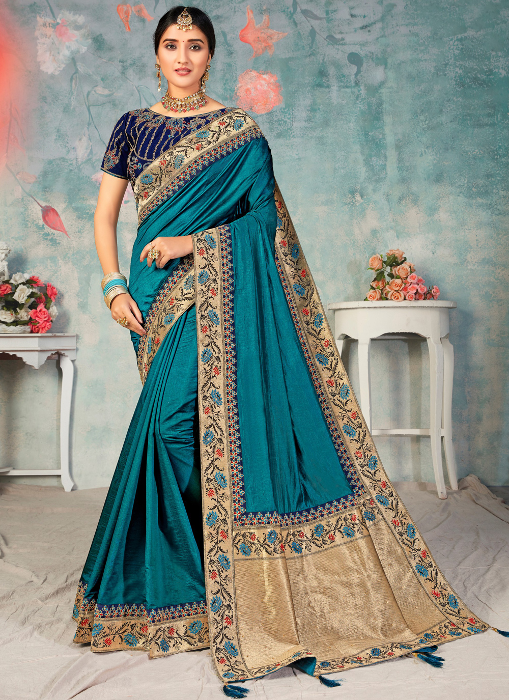 Buy Teal Ceremonial Designer Traditional Saree Online : 175669