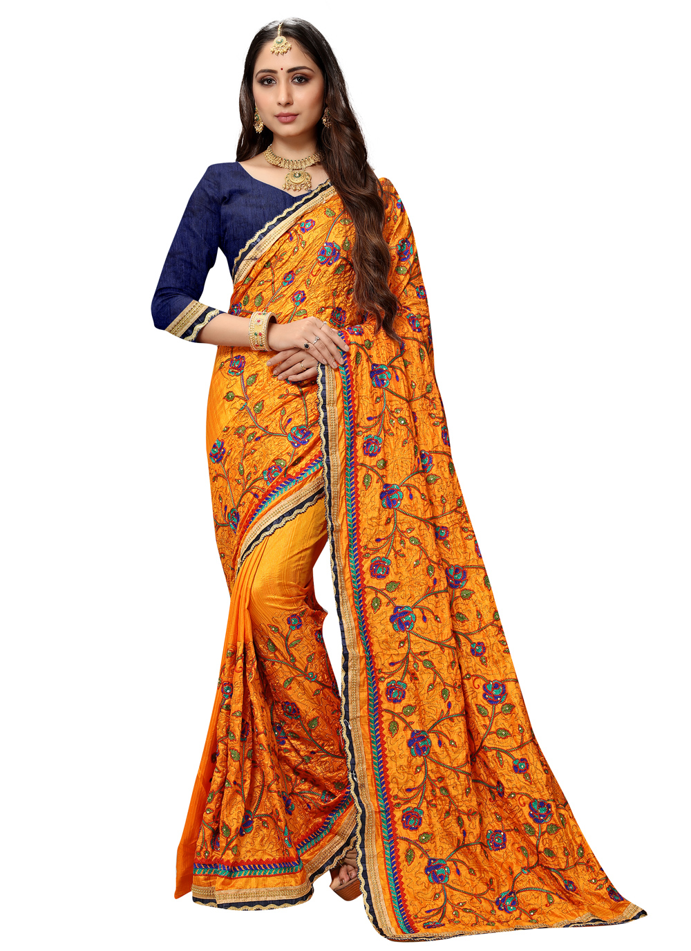 Traditional Designer Saree Embroidered Silk in Mustard buy online