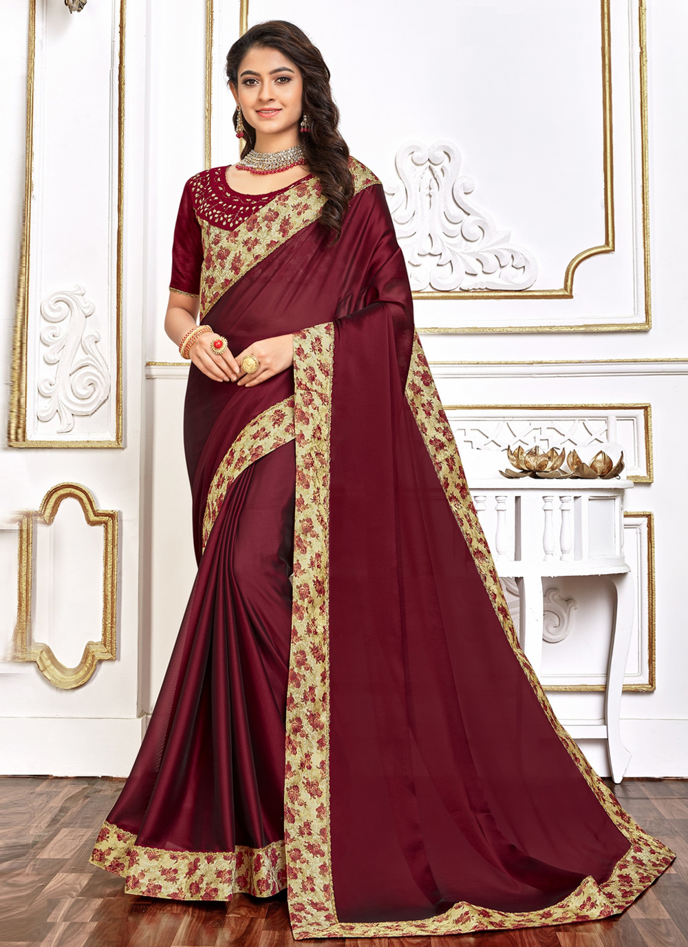 Shop Online Traditional Saree Embroidered Poly Silk in Burgundy ...