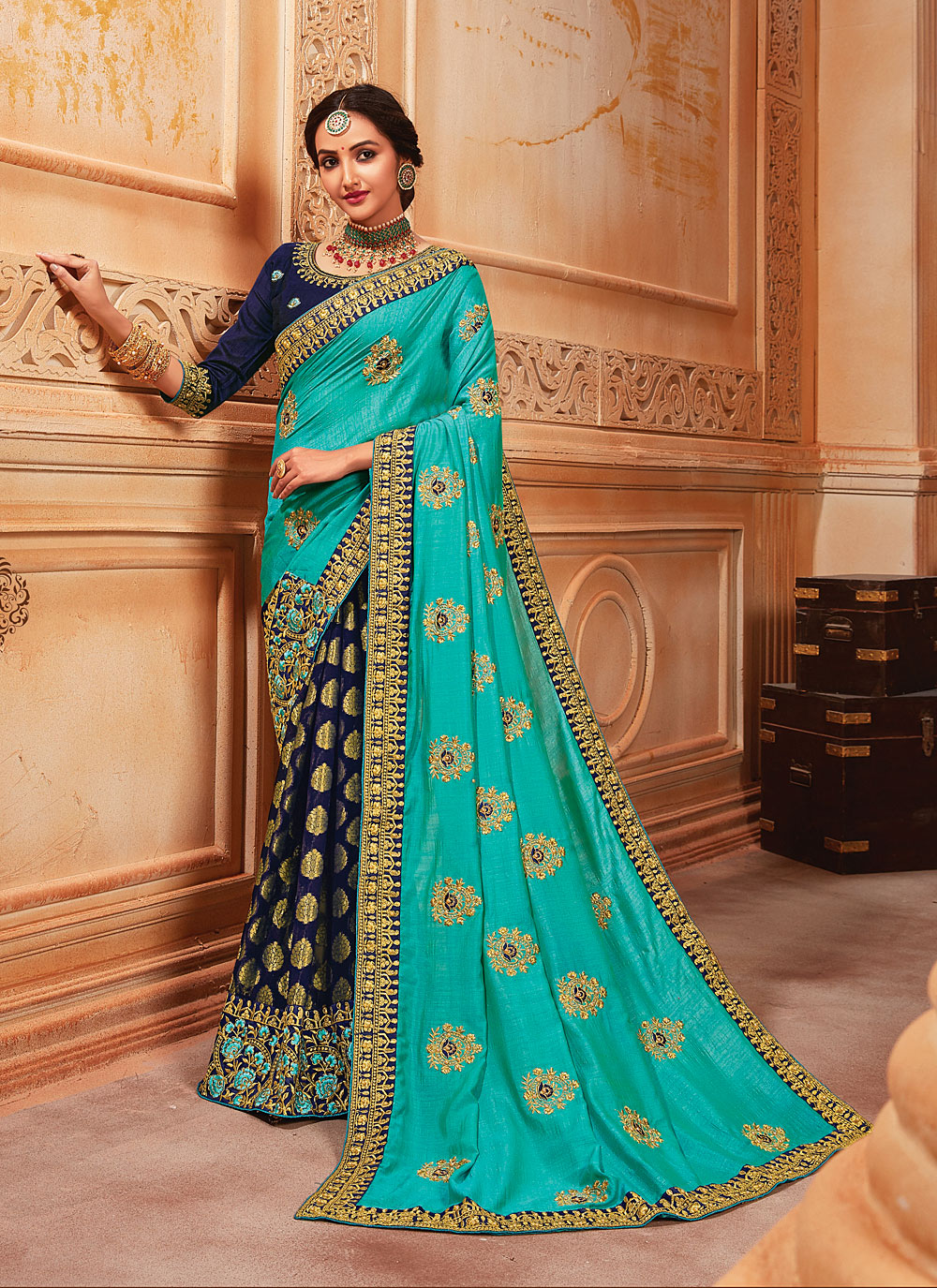 Turquoise banarasi silk half n half saree 5206