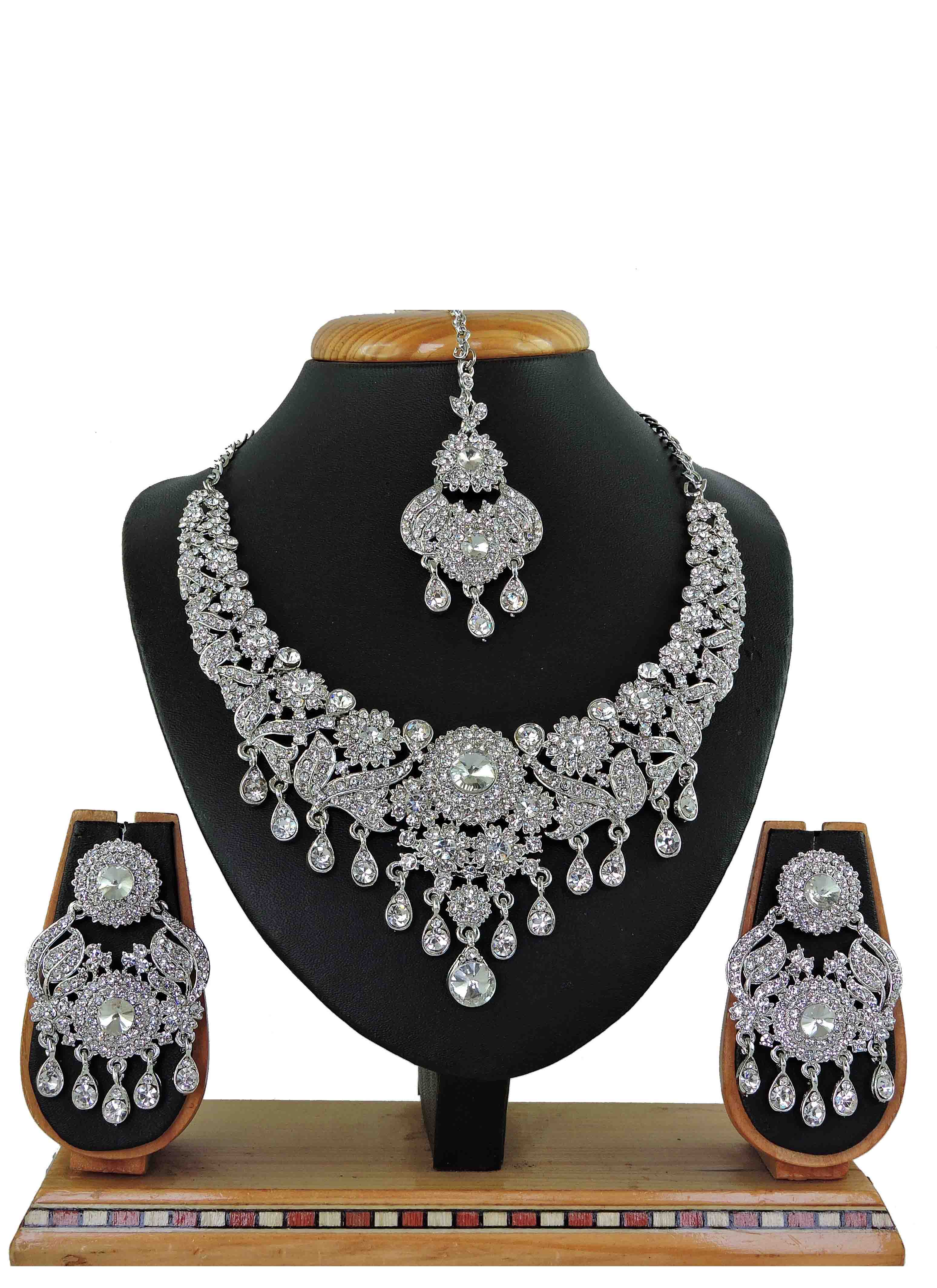 Rose-silver tone pearl cz white stone necklace set dj-40460 – dreamjwell
