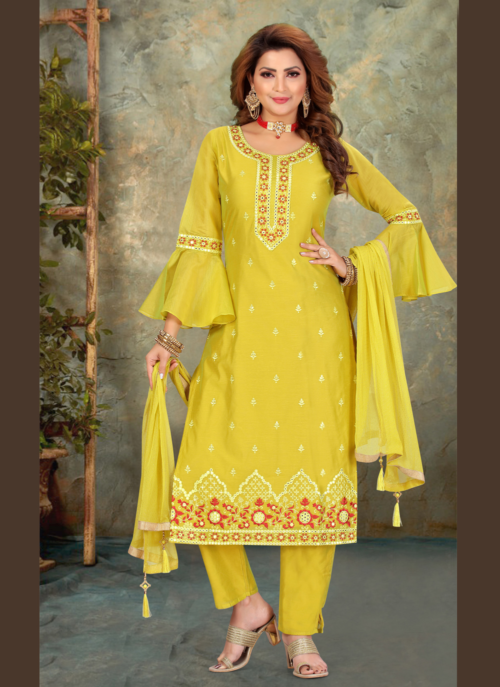 Buy Yellow Embroidered Designer Suit Online 181073