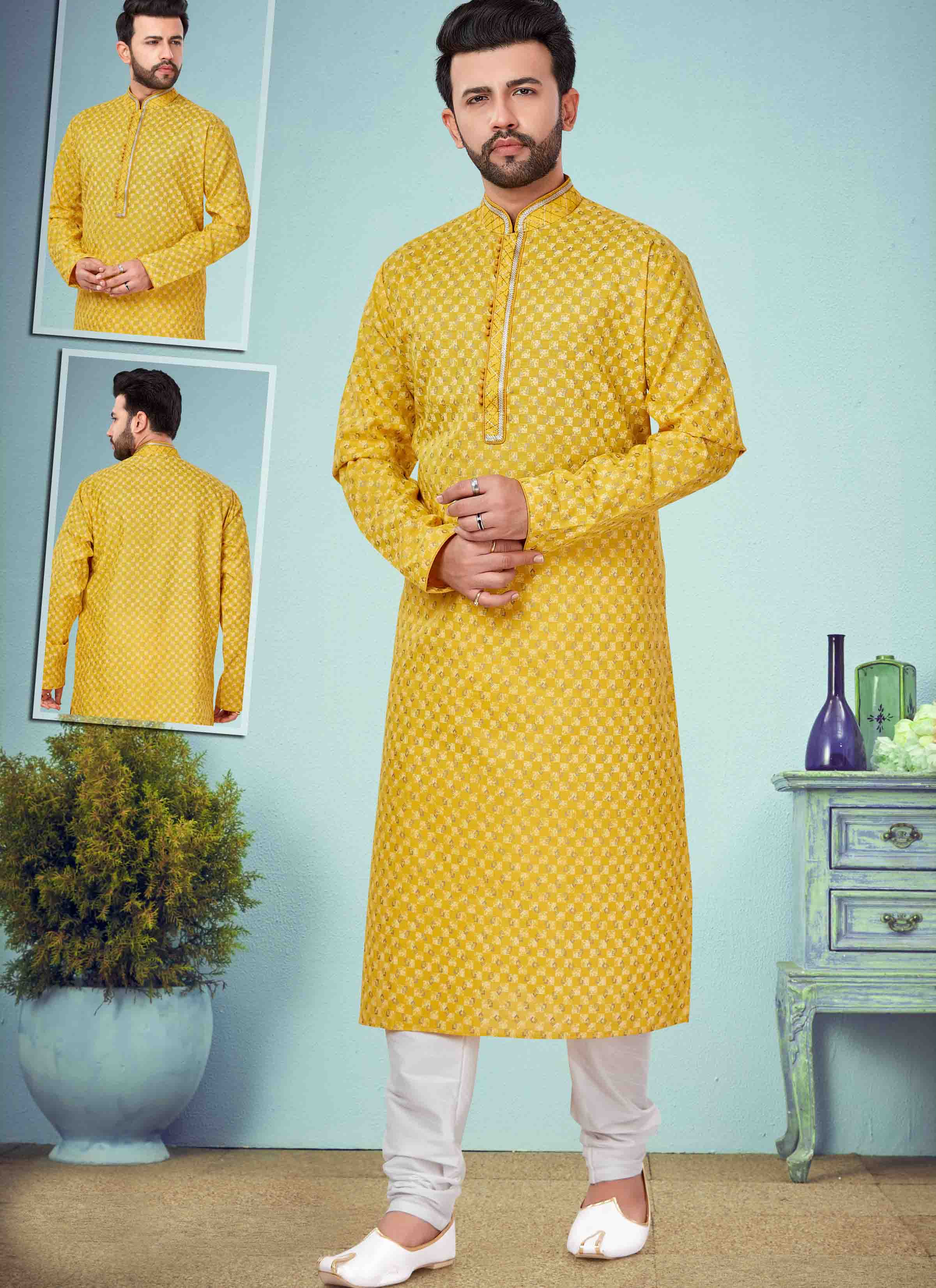 Shop Yellow Reception Kurta Pyjama Online 178804