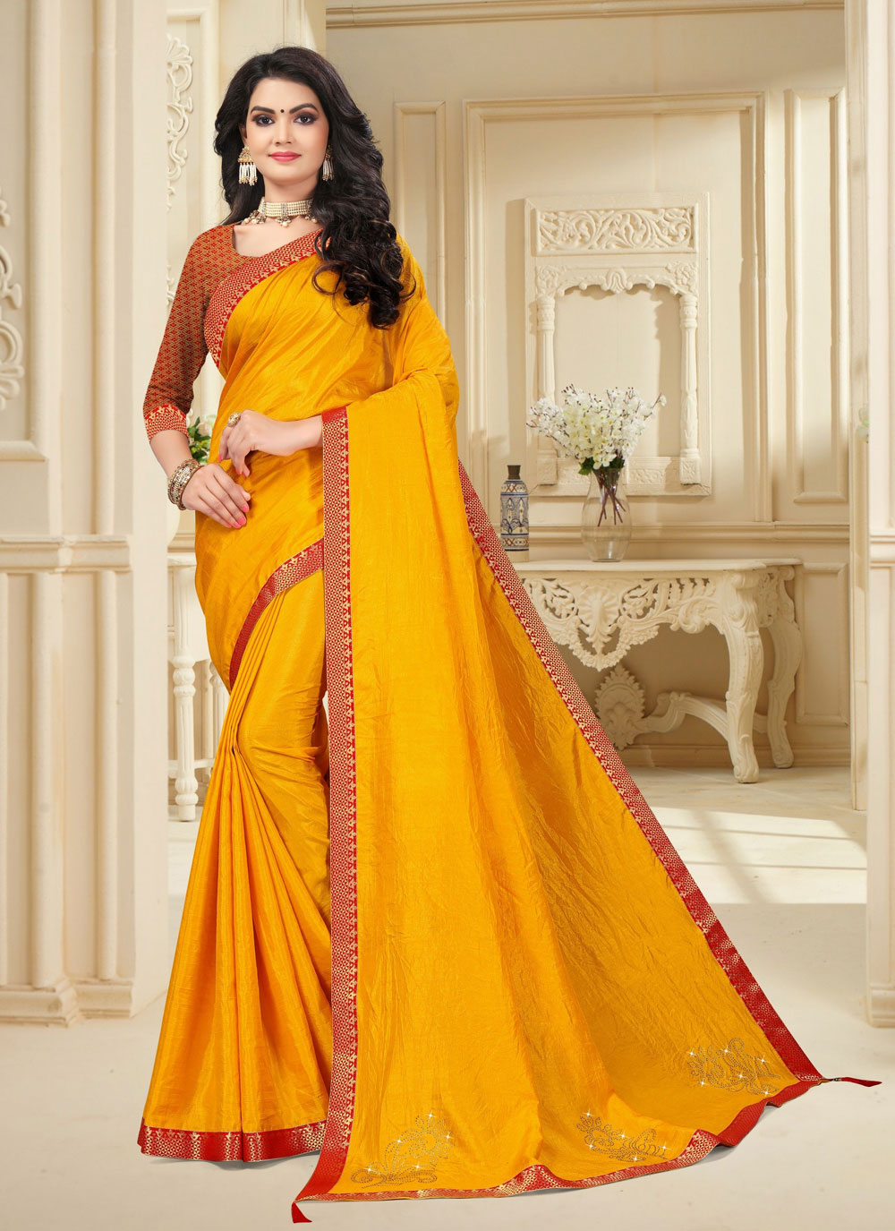 Buy Yellow Vichitra Silk Lace Traditional Saree : 186828 - Saree