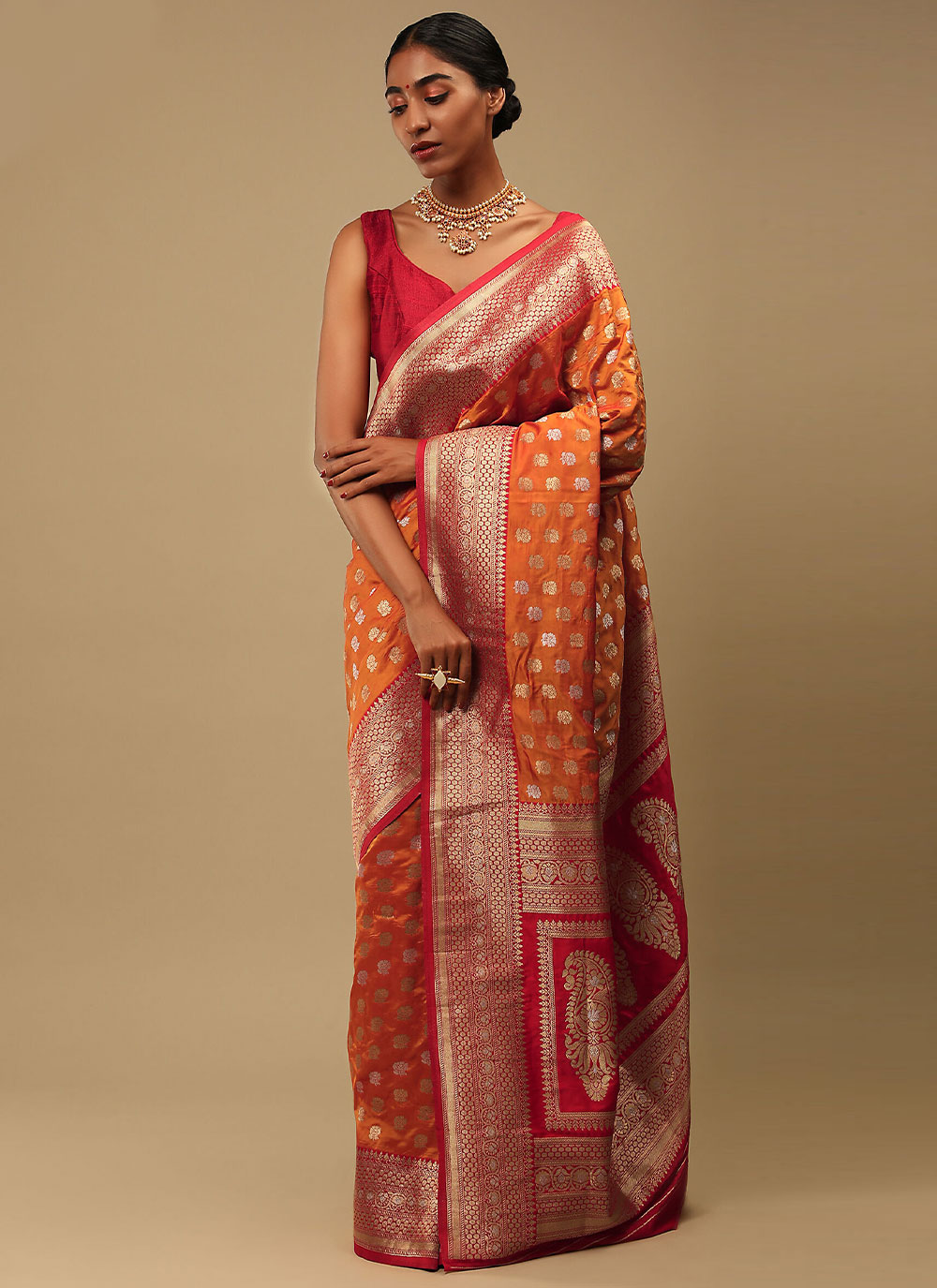 Art Banarasi Silk Orange Contemporary Style Saree Buy Online 7956