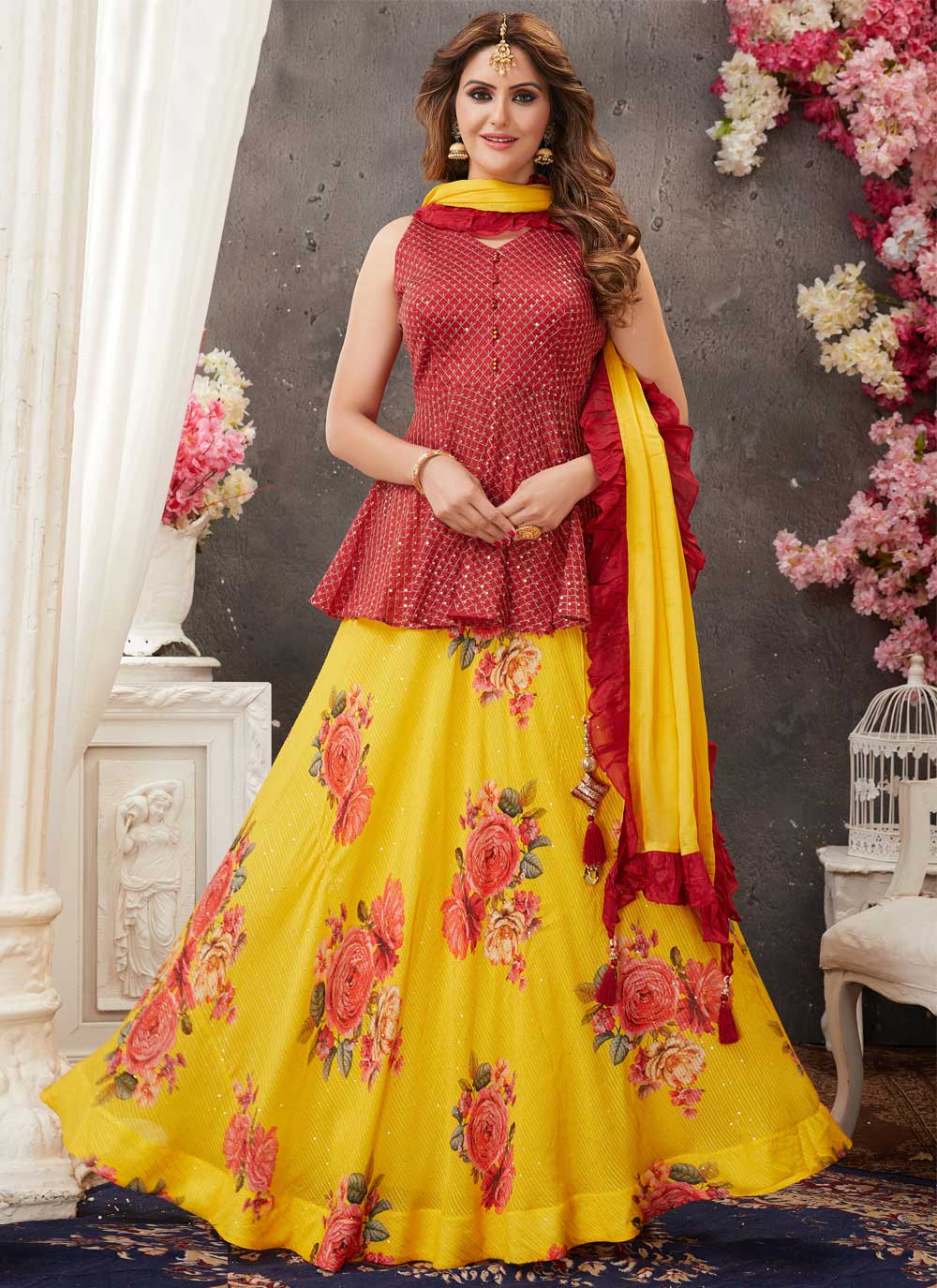 Baisacrafts Yellow & Red Embellished Sequinned Lehenga Choli With Dupatta -  Absolutely Desi