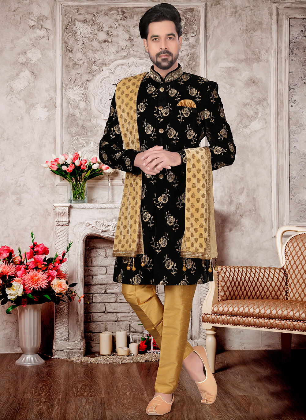 Black and 2024 gold sherwani