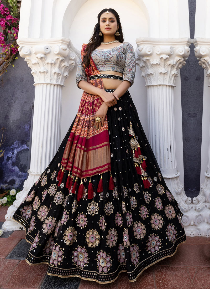 Red netted crop top lehenga & Black Italian fabric suit - Couple  Collections - Collections