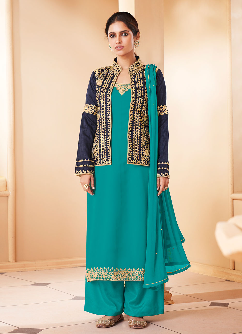 Teal Blue Color Jacket Style Party Wear Suit