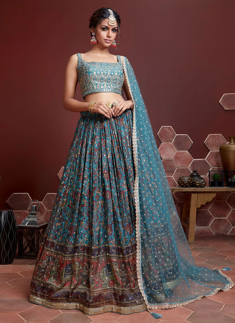 Designer Party Wear Net Base Blue Lehenga Choli