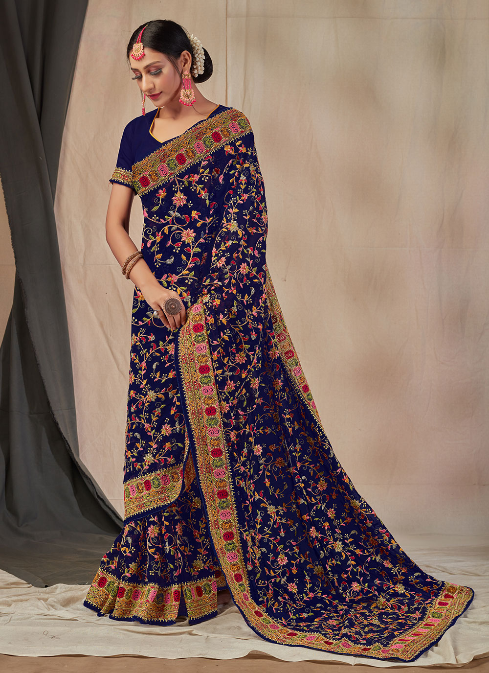 Navy Blue Paithani Silk Designer Saree For Wedding Function