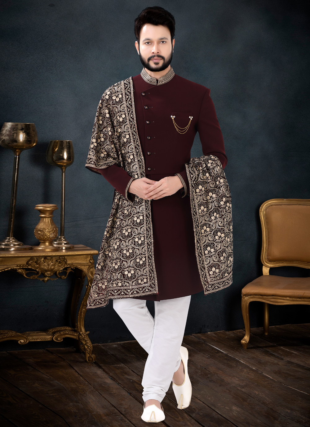 Maroon indo 2024 western sherwani