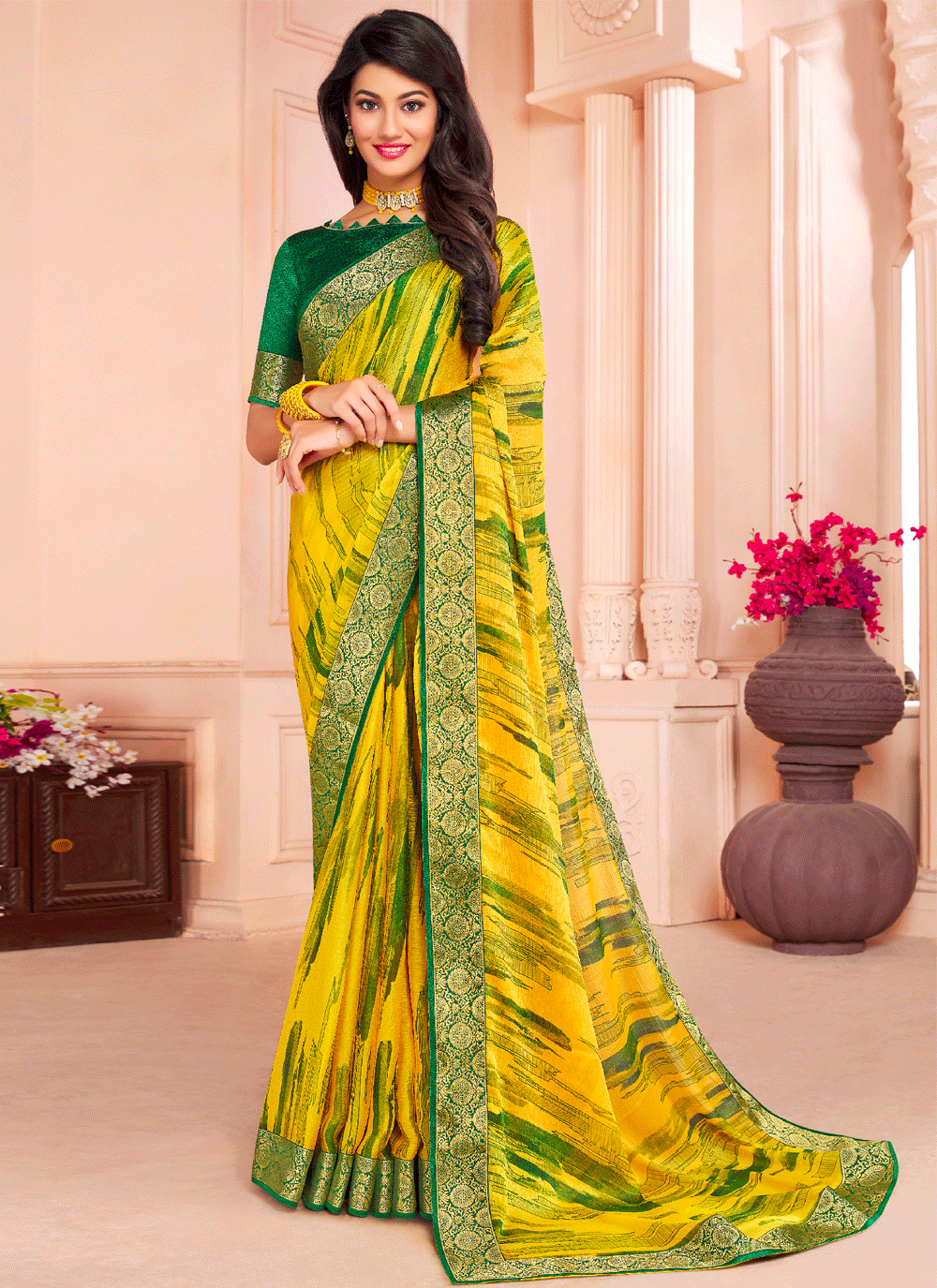 Lime Green silk Kota saree with mirror work and black temple border #saree # blouse … | Designer saree blouse patterns, Stylish sarees, Indian saree  blouses designs