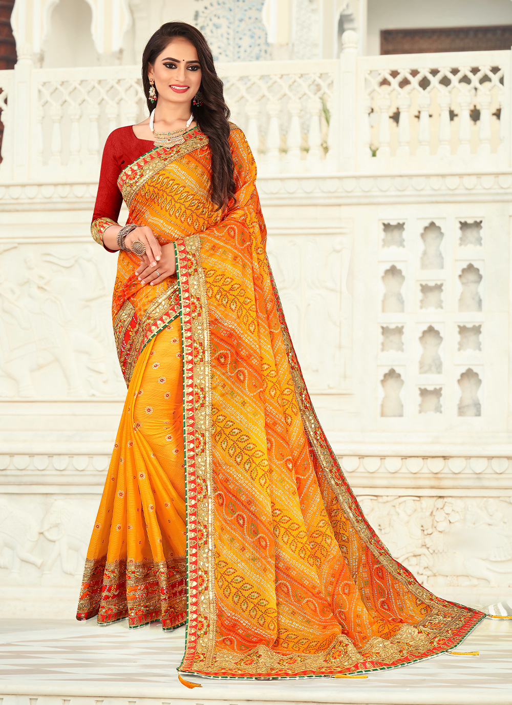 Maaiya Chinon Bandhani Saree – Pratibha Sarees