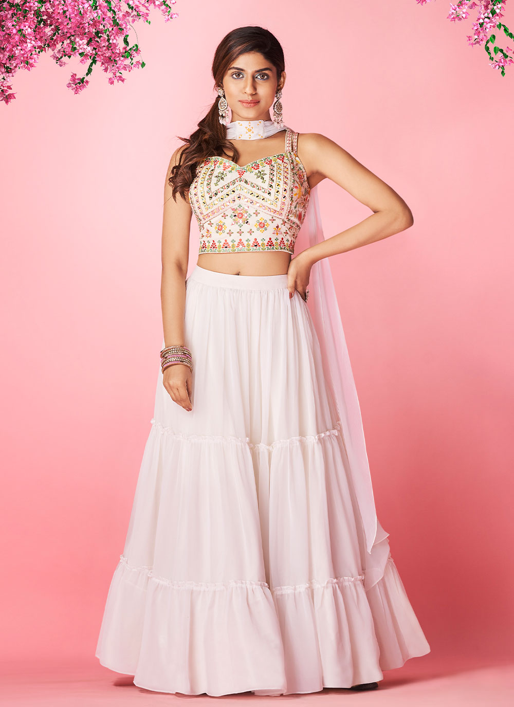 Pink embroidered georgette readymade lehenga with full-sequin skirt,heavy  stone & mirror work crop top & ruffle dupatta
