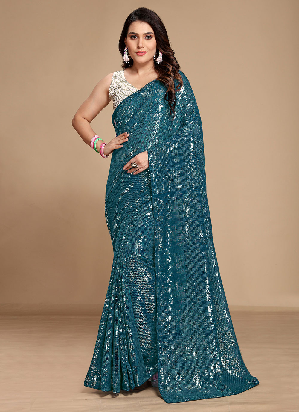 Buy Georgette Teal Saree Online : 241025