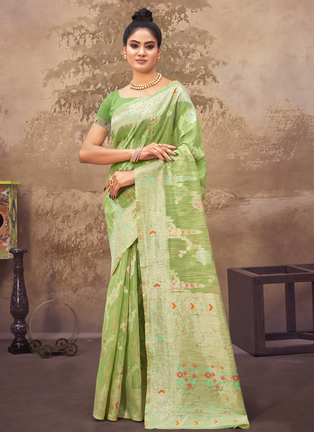 Buy Green Embroidered Classic Designer Saree : 240551